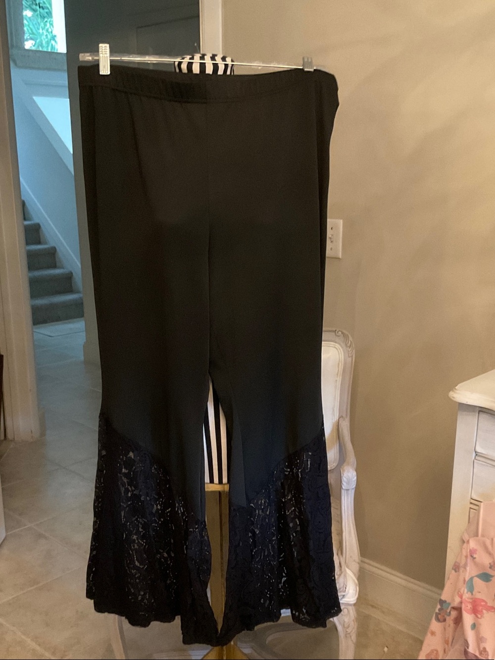 Black Lace-Trim Wide Leg Women's Pants, size 2xl